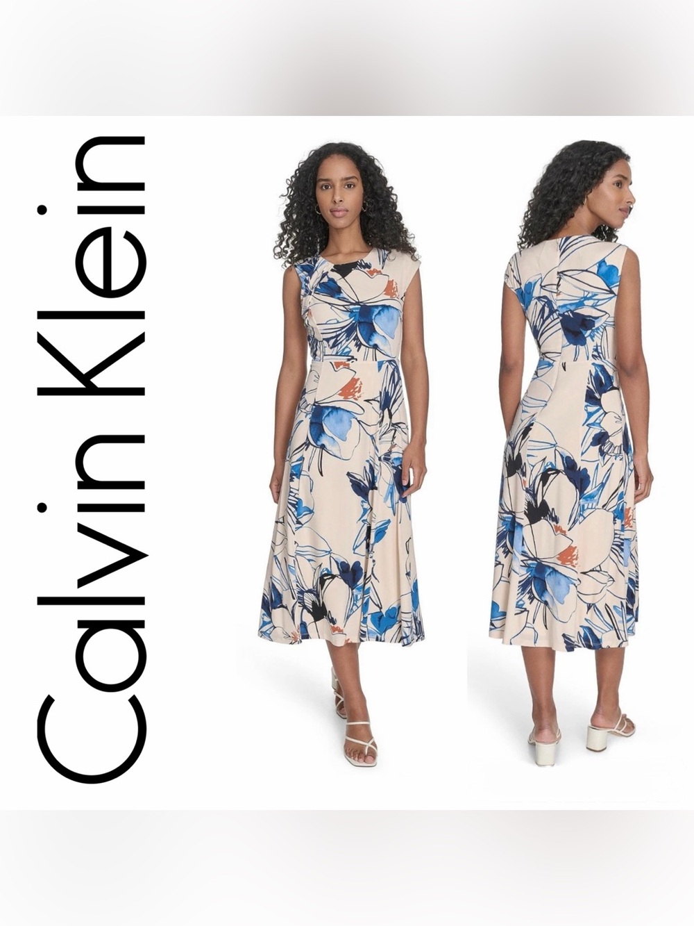 Calvin Klein Cream Midi Dress with Blue Floral Motif